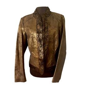 Vintage Bagatelle Brown metallic Distressed Laser Cut Leather Jacket Large